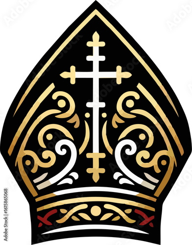 Elegant Vector Bishop Mitre Icon with Gold Cross and Ornate Church Design