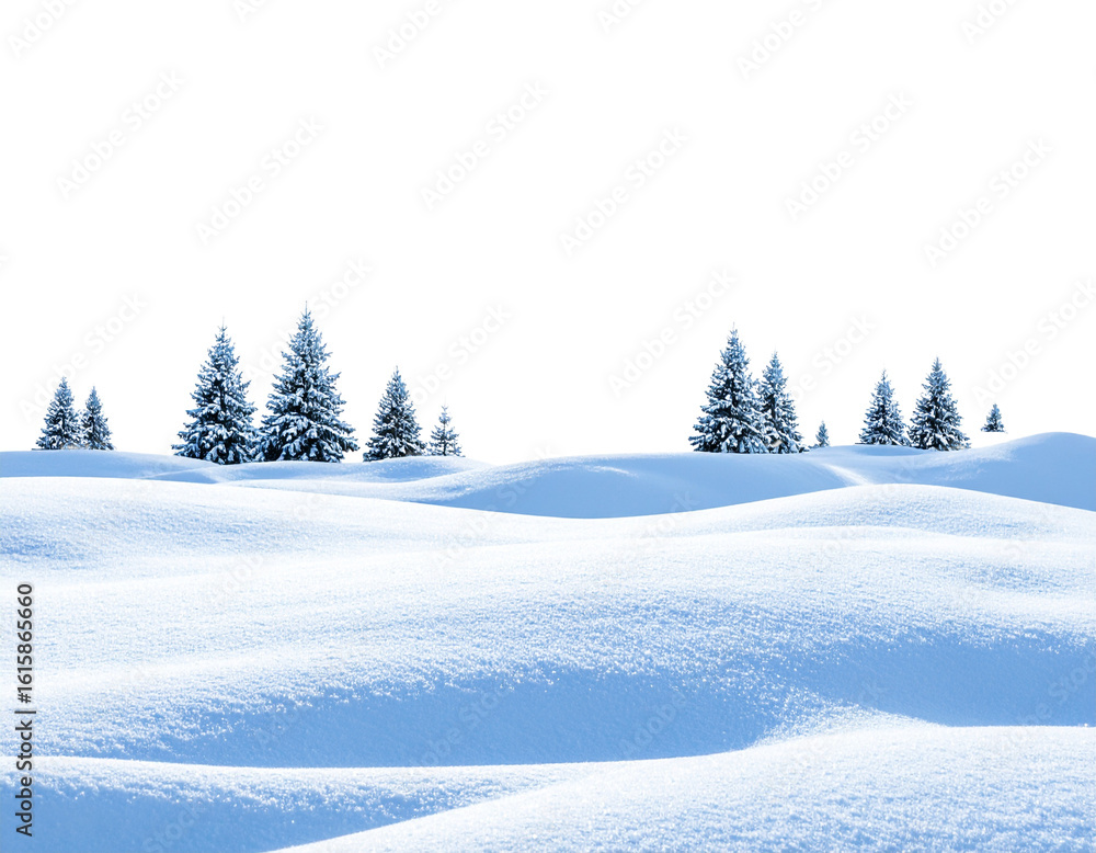Fototapeta premium Snowy Winter Landscape with Pine Trees and Falling Snowflakes, Minimalist Scene, Transparent PNG