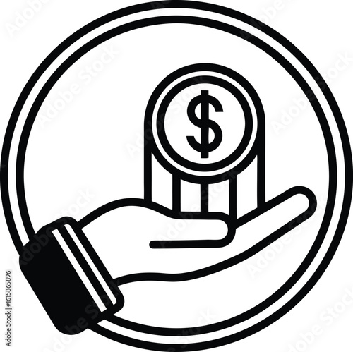 Line art icon of a hand holding a stack of dollar coins within a circular frame emblem.