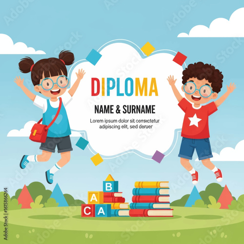 Elementary School Back to School Vector Illustration: Happy Kids Waving, Ready for Learning, with School Building and Educational Supplies.