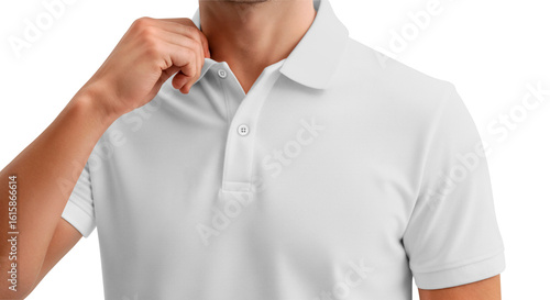 Close-up of a Man Adjusting White Polo Shirt Collar