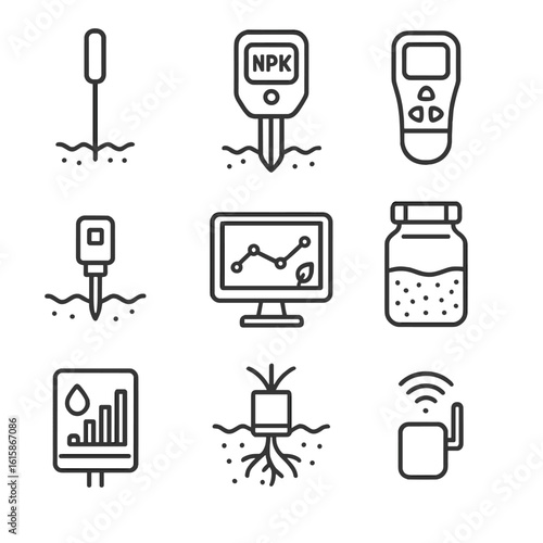 Soil Monitoring Icons. Line style icons of soil and nutrient monitoring: soil probe, NPK meter, handheld analyzer, micro-sensor,