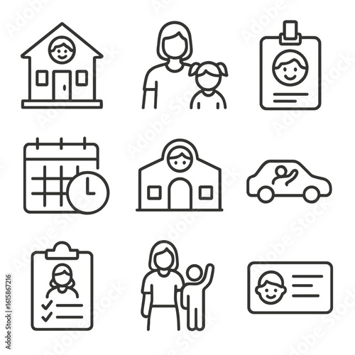 Childcare Services Icons. Line style icons of childcare services: daycare center, nanny service, babysitter badge, childcare