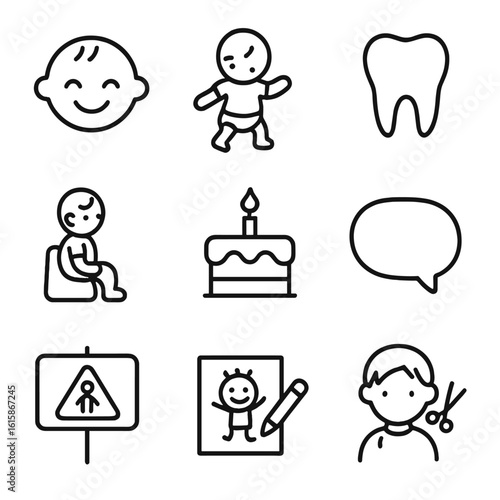 Childhood Milestones Icons. Line style icons of childcare milestones: first smile, first steps, first tooth, potty training icon,