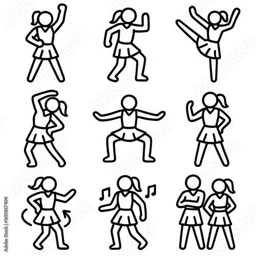 Cheerleader Dance Icon Set. Line style icons of cheerleading dance moves: sharp arm motions, hip hop move, kick step, body roll,