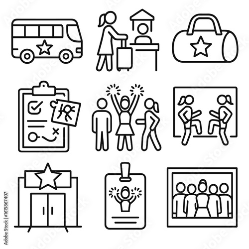 Cheerleading Travel Icons. Line style icons of cheerleading travel and events: team bus, hotel check-in, gear bag, travel