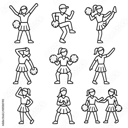Cheerleader Dance Icon Set. Line style icons of cheerleading dance moves: sharp arm motions, hip hop move, kick step, body roll,