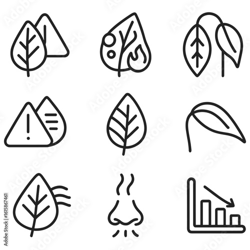 Dehydration Troubleshooting Icons. Line style icons of troubleshooting dehydration: uneven drying alert, moldy leaf icon, burned