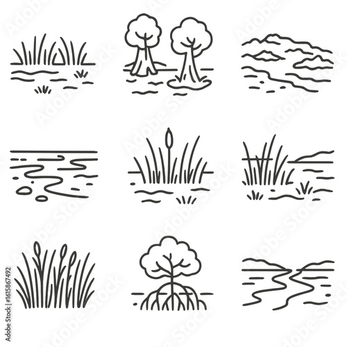 Wetland Iconography. Line style icons of wetland landscapes: marsh field, swamp with trees, peat bog, tidal flat, freshwater