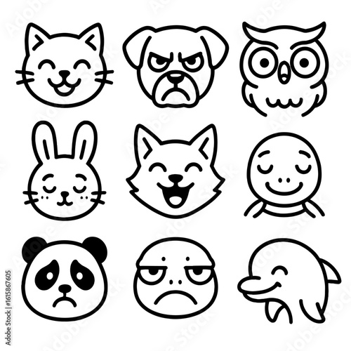 Animal Emotion Icons. Line style icons of animal-inspired emotion faces: happy cat, angry dog, surprised owl, shy bunny, excited