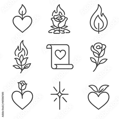 Poetic Metaphor Icons. Line style icons of poetic metaphors: heart as candle, rose bloom in ember, flame of memory, fire dancing