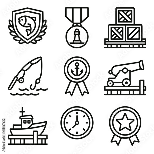 Dock Achievement Icons. Line style icons of dock-related achievements: fishing master badge, dock guardian medal, crate stacker