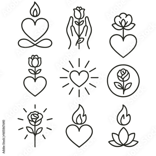 Spiritual Devotion Icons. Line style icons of spiritual devotion with heart, rose, flame: meditative heart flame, rose in prayer