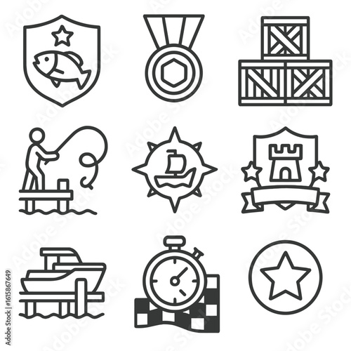 Dock Achievement Icons. Line style icons of dock-related achievements: fishing master badge, dock guardian medal, crate stacker