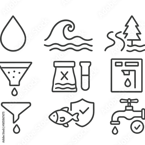 Water Icons Collection. Line style icons of clean water and oceans: water droplet icon, ocean wave symbol, river flow, clean lake