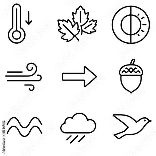 Seasonal Migration Icons. Line style icons of seasonal cues for migration: temperature drop icon, changing leaves symbol, daylight
