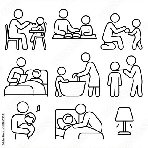 Parenting Evening Routine. Line style icons of parenting evening routine silhouettes: feeding child, helping with homework,