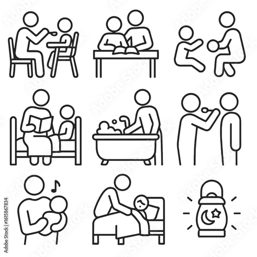 Parenting Evening Routine. Line style icons of parenting evening routine silhouettes: feeding child, helping with homework,