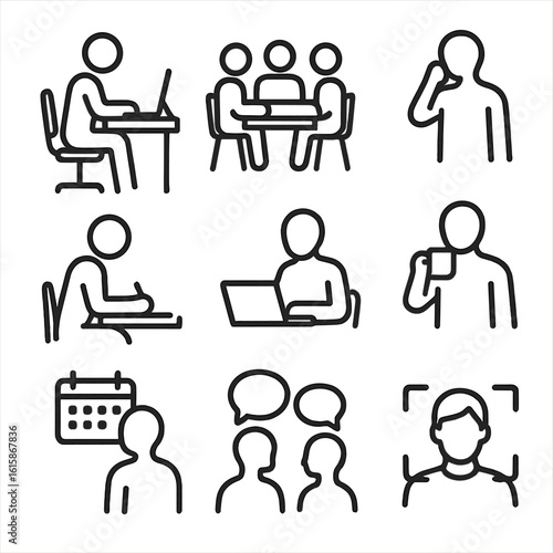 Workday Activity Icons. Line style icons of workday activities silhouettes: typing at desk, attending meeting, making phone call,