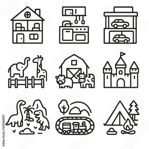 Miniature Playsets Icons. Line style icons of miniature playsets: dollhouse, toy kitchen set, car garage, zoo animals playset,