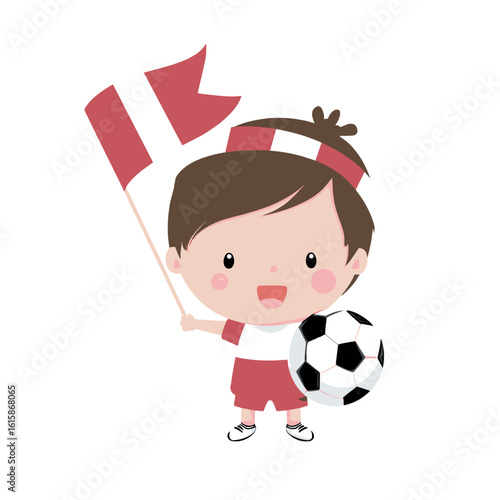 A cheerful young boy holding a flag and a soccer ball.