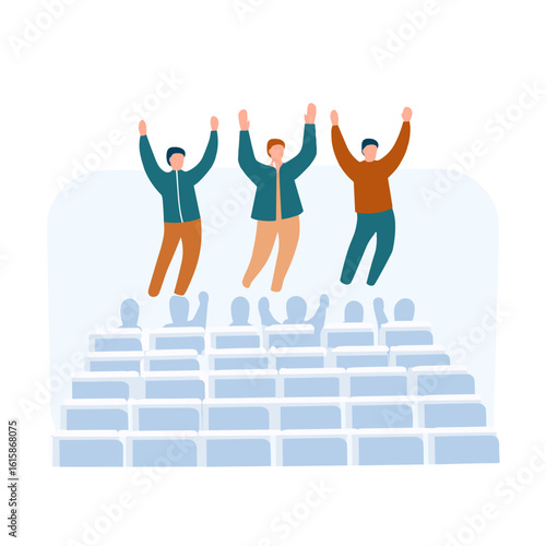 Audience of excited fans celebrating with their hands raised.