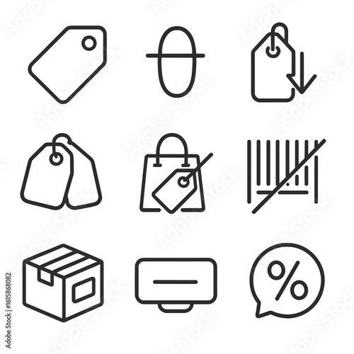 Product Markdown Icons. Line style icons of product markdown symbols: price tag with cut corner, strikethrough price icon, price