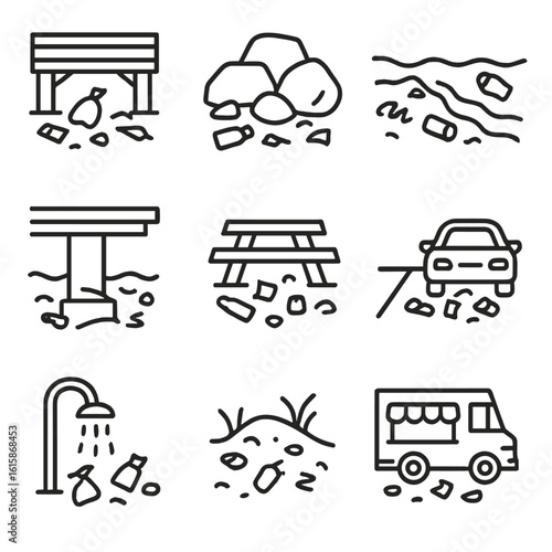 Beach Litter Icons. Line style icons of beach litter hot spots: under boardwalk, near rock clusters, tide line trash, pier base