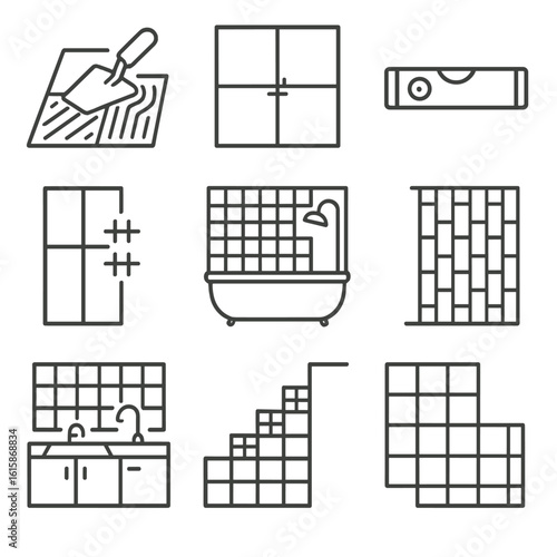 Tile Installation Icons. Line style icons of floor vs wall tile installation: tile being laid on floor, tile on vertical wall,