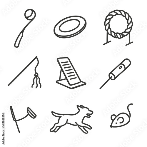 Pet Play Icons. Line style icons of pet exercise and play: ball thrower, frisbee icon, tug rope, agility hoop, cat teaser wand,