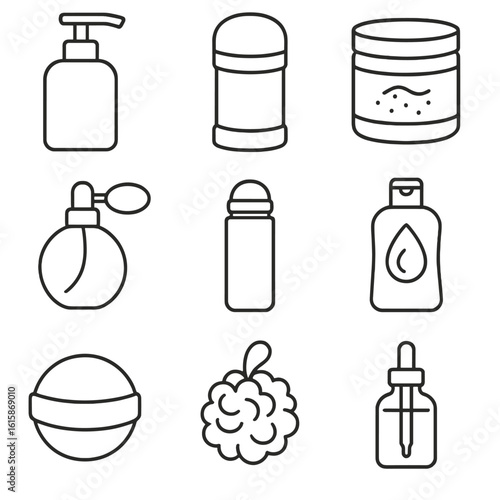 Body Care Icons. Line style icons of body care and fragrance: body lotion pump, deodorant stick, body scrub jar, perfume bottle,