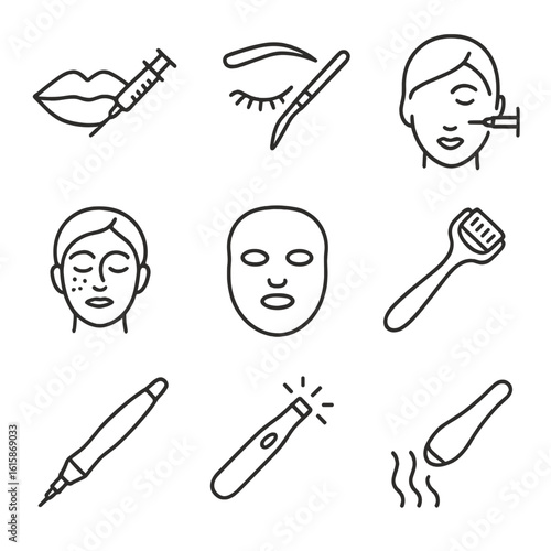 Cosmetic Procedure Icons. Line style icons of cosmetic procedures: lip filler syringe, microblading tool, botox injection, derma