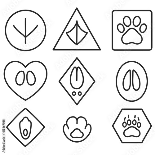 Animal Footprint Icons. Line style icons of animal footprints in shapes: chick print in circle, duck webbed foot in triangle, paw