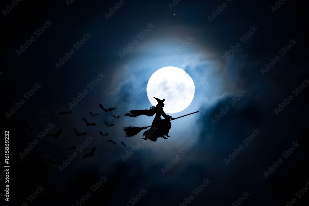 Naklejka premium Witch Flying Across a Full Moon with Bats in a Spooky Night Sky