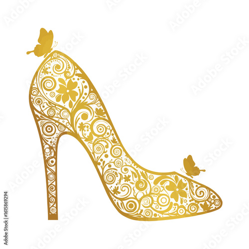 Golden Floral High Heel Shoe with Butterflies