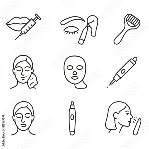 Cosmetic Procedure Icons. Line style icons of cosmetic procedures: lip filler syringe, microblading tool, botox injection, derma
