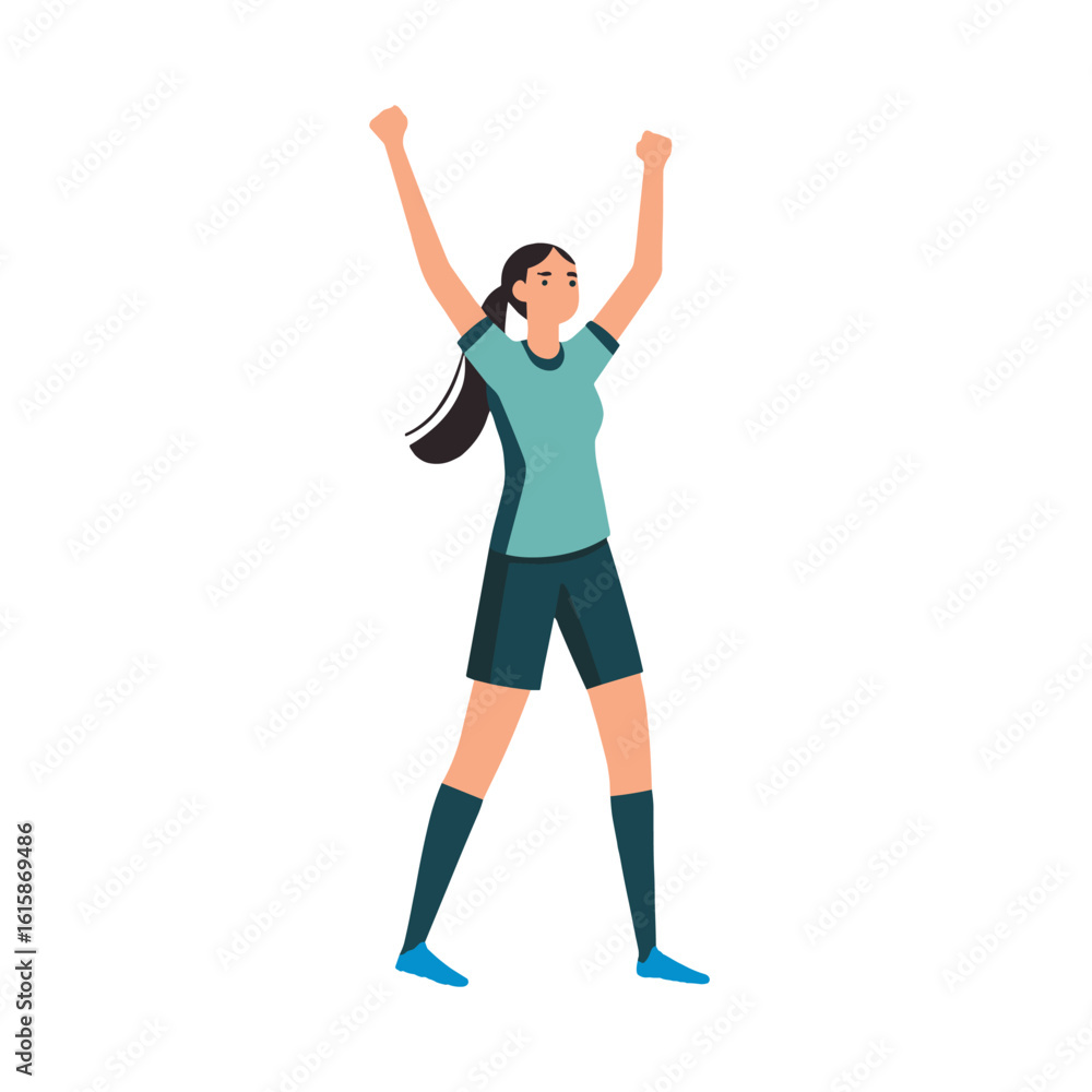 A Female soccer player celebrating a victory with arms raised. A Female soccer player celebrating a victory with arms raised.