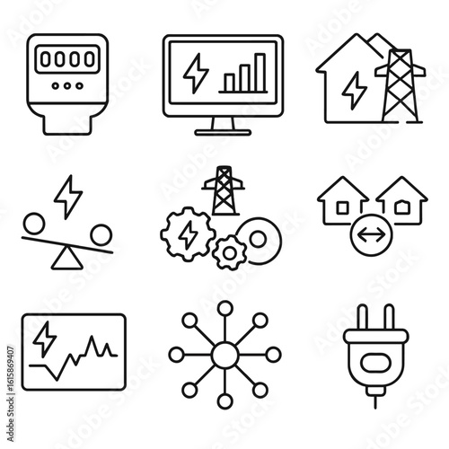 Smart Energy Icons. Line style icons of grid and smart energy systems: smart meter, energy monitoring screen, grid-connected home,