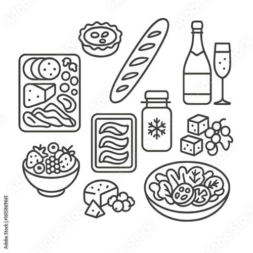 Gourmet Picnic Icons. Line style icons of gourmet picnic ideas: charcuterie board, mini quiche, fresh baguette, sparkling wine