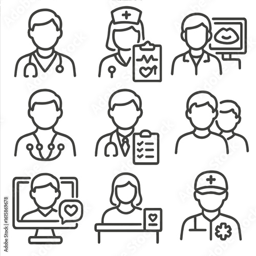 Cardiovascular Specialist Icons. Line style icons of specialist roles in cardiovascular exam: cardiologist profile icon, nurse