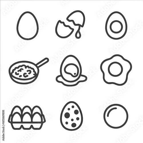 Egg Varieties Icons. Line style icons of egg variations as protein: whole egg, cracked egg, boiled egg halves, scrambled egg pan,