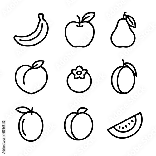 Baby Food Fruit Icons. Line style icons of common baby food fruits: banana, apple, pear, peach, blueberry, plum, mango, apricot,