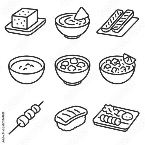 Global Protein Icons. Line style icons of global protein staples: miso tofu, hummus dip, tempeh strips, dal soup, goulash stew,