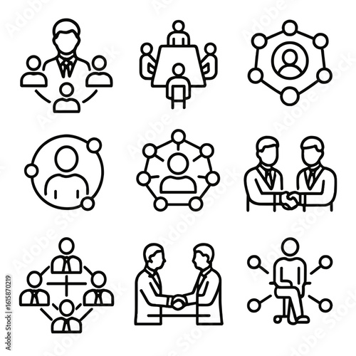 Leadership Connection Icons. Line style icons of leadership and connection: CEO networking icon, boardroom link, team leader hub,