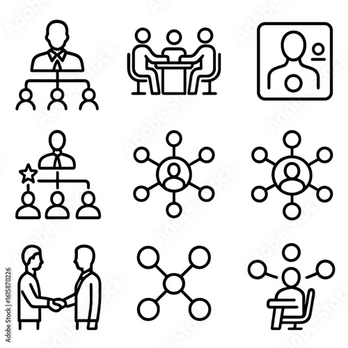 Leadership Connection Icons. Line style icons of leadership and connection: CEO networking icon, boardroom link, team leader hub,