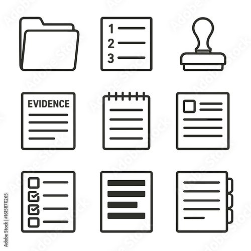 Case File Icons. Line style icons of case file elements: case folder, numbered exhibit list, court stamp, evidence summary sheet,