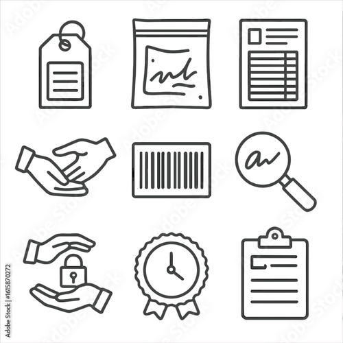 Chain of Custody Icons. Line style icons of chain of custody: evidence tag icon, sealed bag with signature, custody log form,