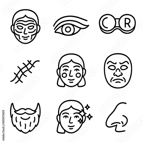Makeup and Accessory Icons. Line style icons of makeup and face accessories: cosplay face paint, dramatic eyeliner, contact lens
