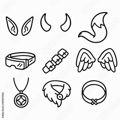 Character Accessory Icons. Line style icons of character accessories: elf ears, demon horns, fox tail, angel wings, cyber visor,