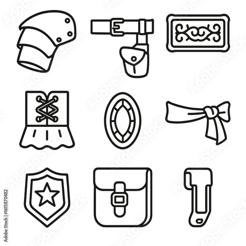 Costume Detail Icons. Line style icons of costume details and add-ons: armor shoulder pad, thigh holster, decorative buckle, lace